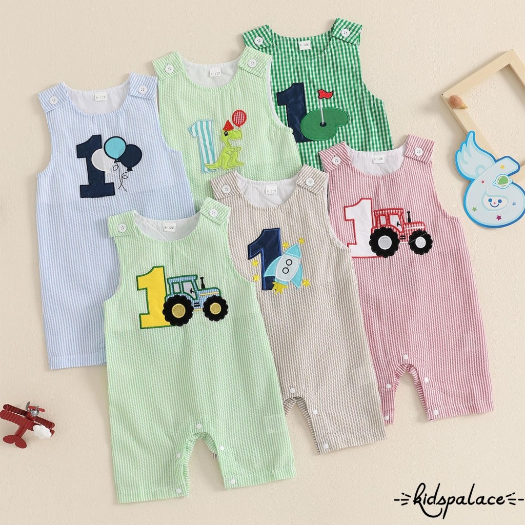 qwe-Baby Listrado Aniversário Tanque Macacão Carta Caminhão/Balão/Dinossauro/Golf Bordado Sem Mangas Bodysuit Para Menin
