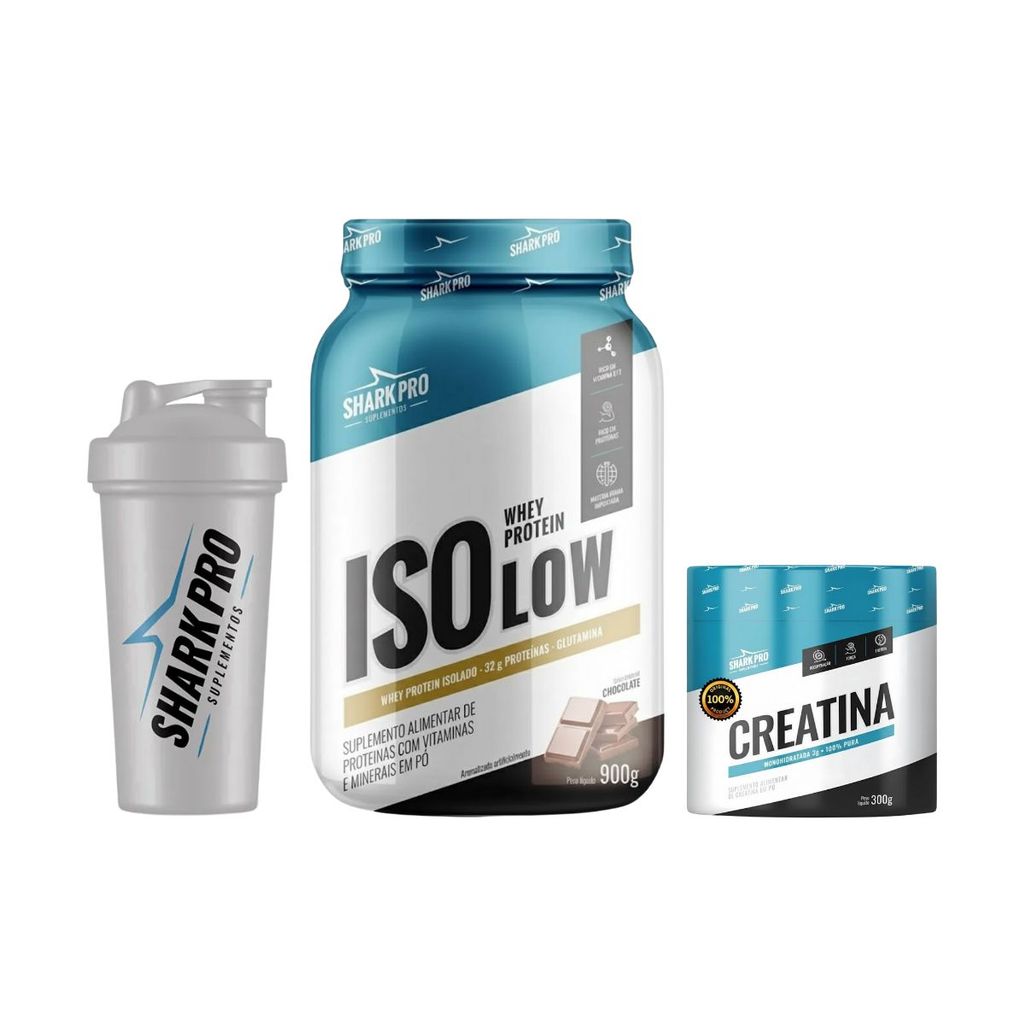 Mix Whey Protein Isolow 900g 32g Proteina Chocolate Premium + Creatina + Coqueteleira Shark Pro
