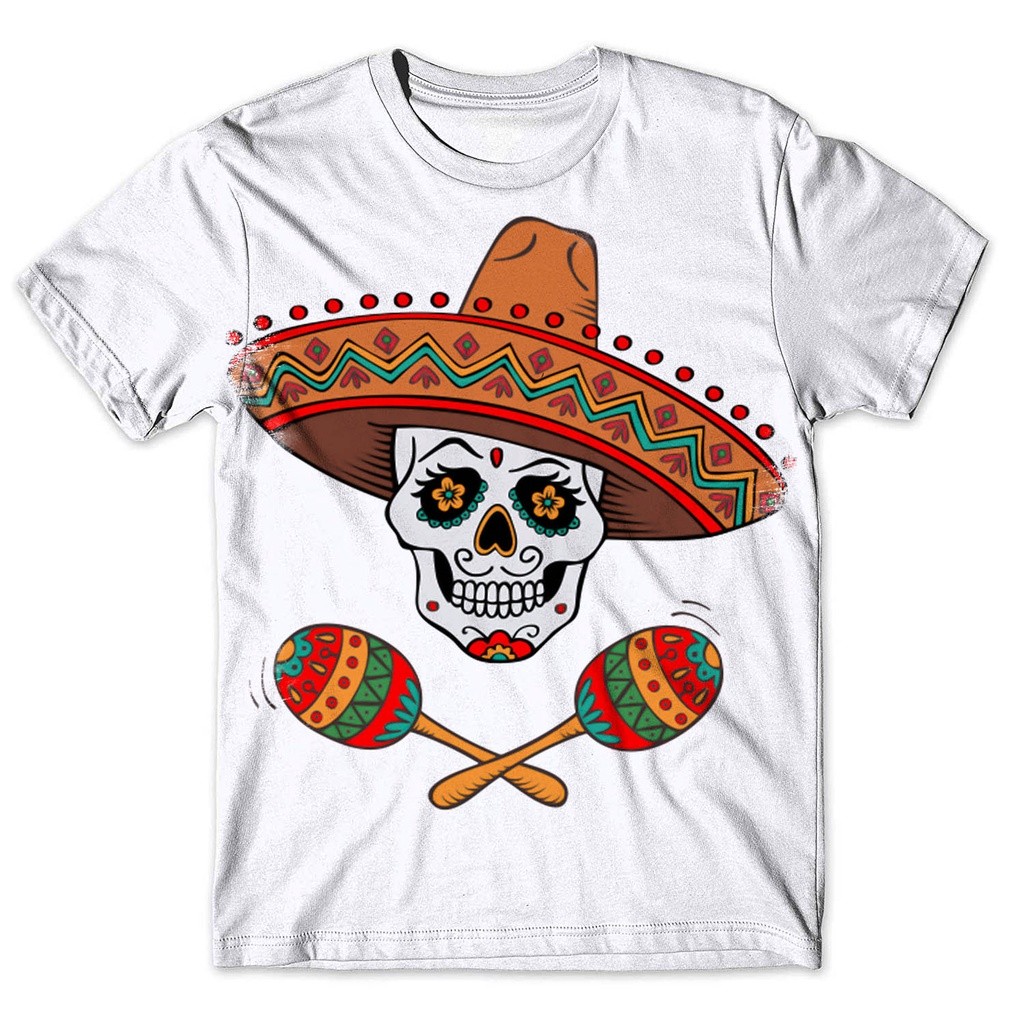 Camisa Camiseta Masculina Caveira Mexicana Blusa Caveira Colorida Dia de Los Muertos 100% Algodão