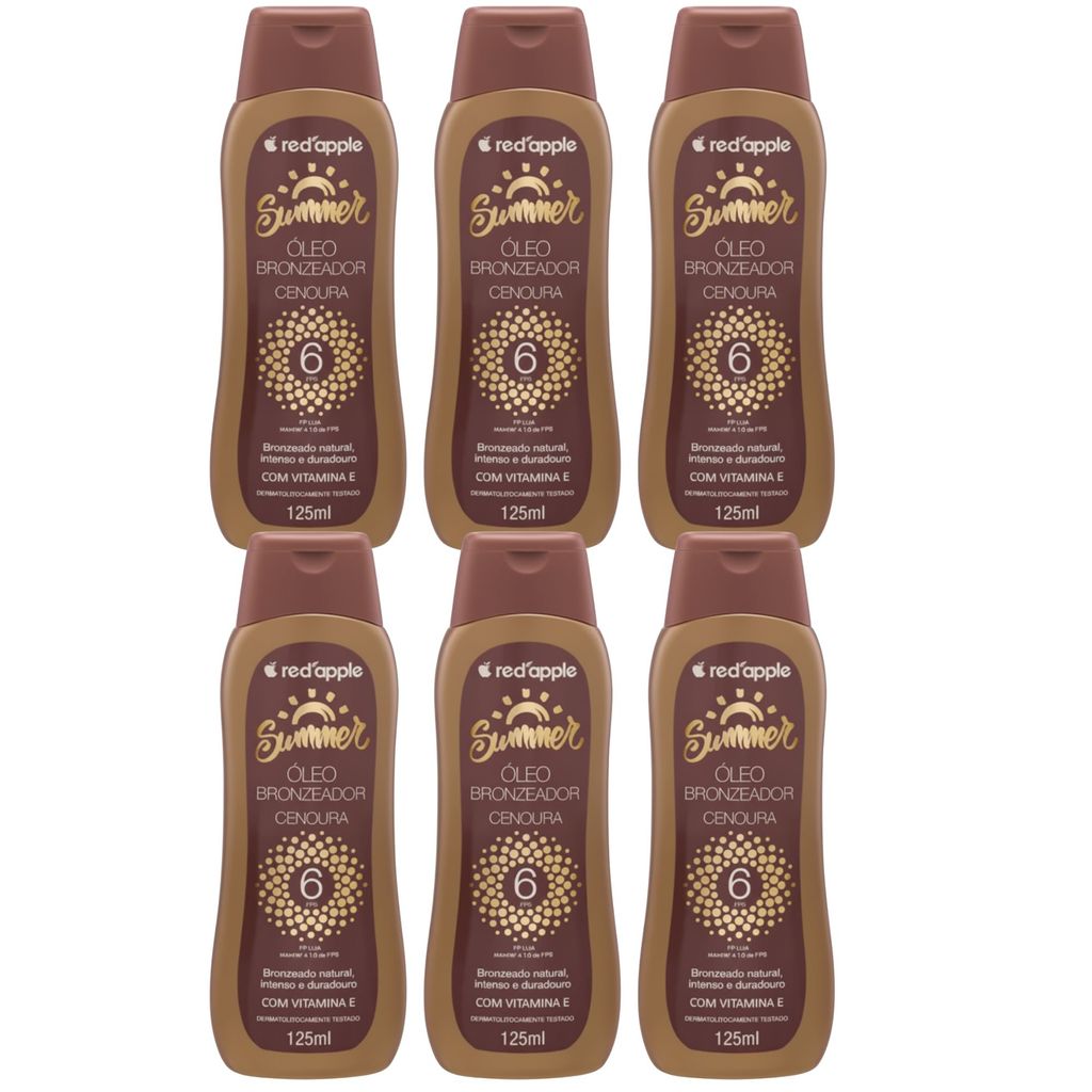 Kit 6 Óleo Bronzeador Cenoura FPS 6 Vitamina E 125Ml - Red Apple