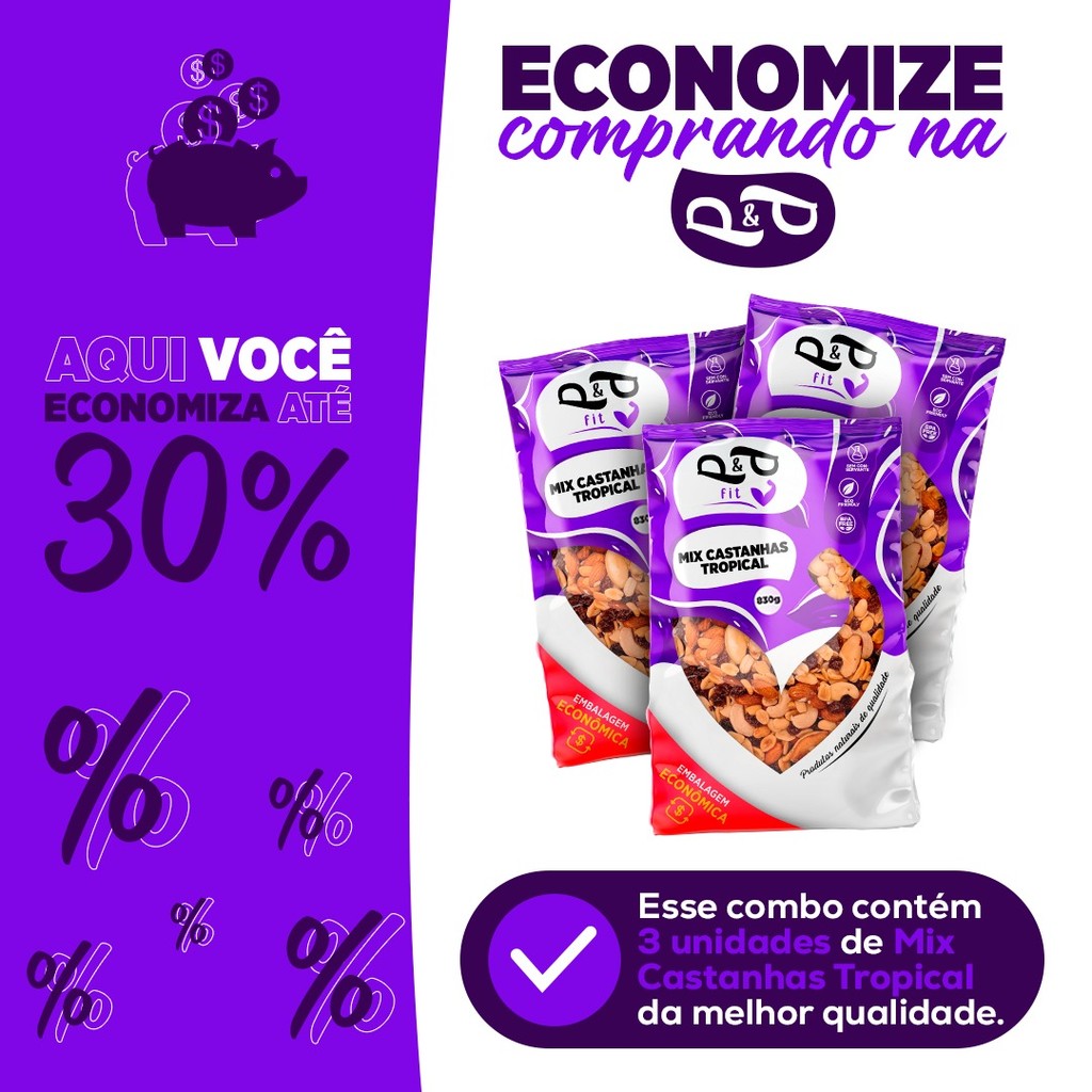 Mix Tropical Nuts Dieta Saudável 3un - Castanha de Caju Nozes Amendoa Castanha do Pará Amendoim Uva Passa
