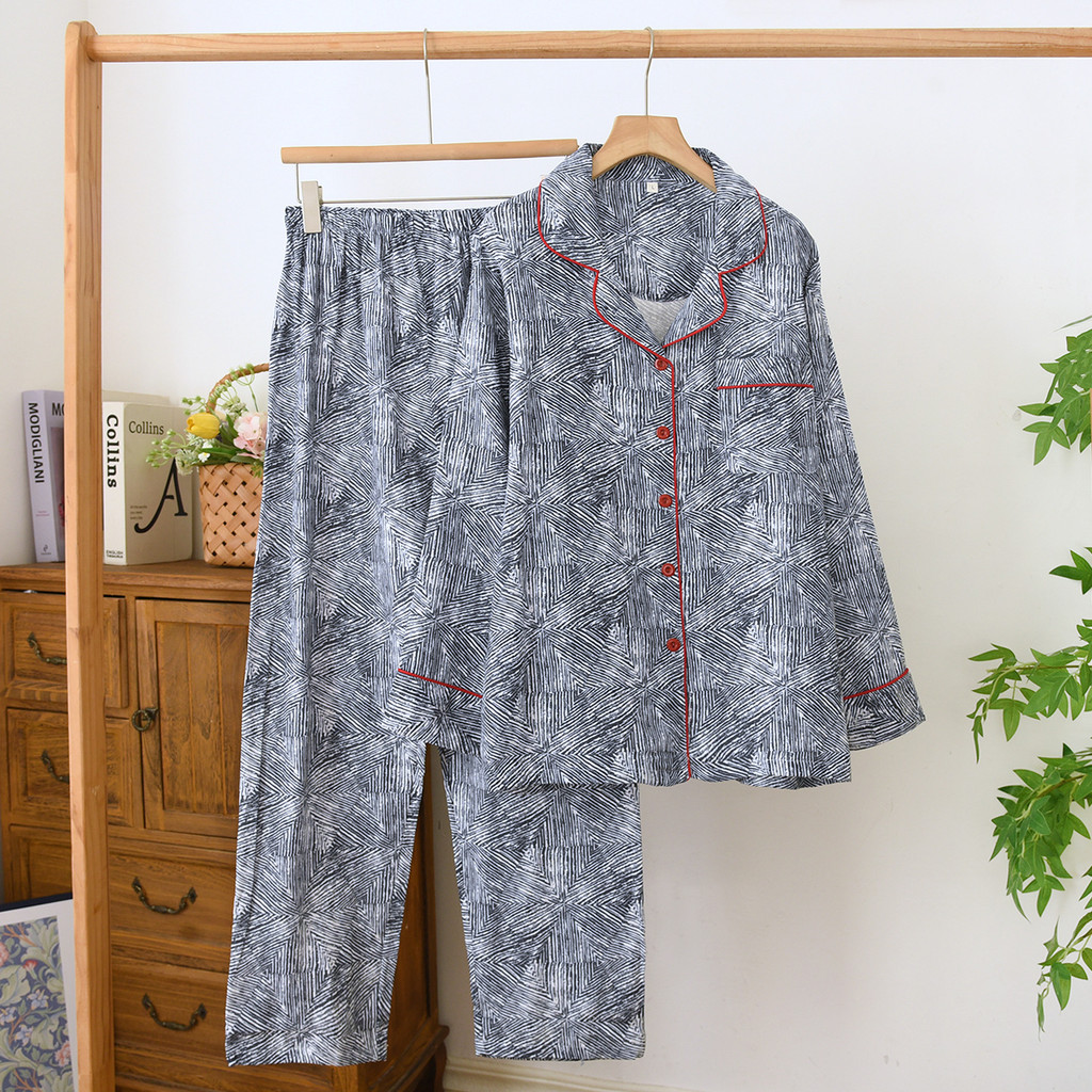 Pijama De Casal De Gaze De Camada Dupla De Algodão Puro , Calças Finas De Mangas Compridas Macias E Confortáveis , Conju