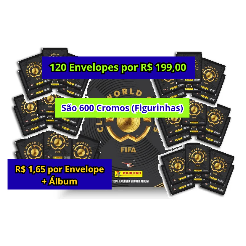 Kit 120 Envelopes de Figurinha Mundial de Clubes FIFA 2025 Panini + Álbum Brochura - 600 Cromos
