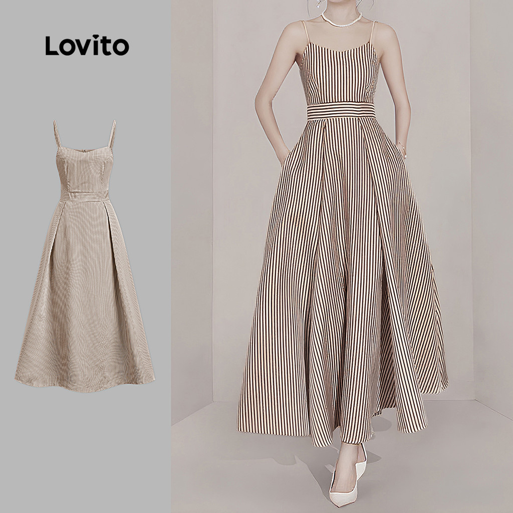 Lovito Vestido Elegante Plissado Marrom Para Primavera/verão Para Mulheres L149LD551 em Oferta na Shopee
