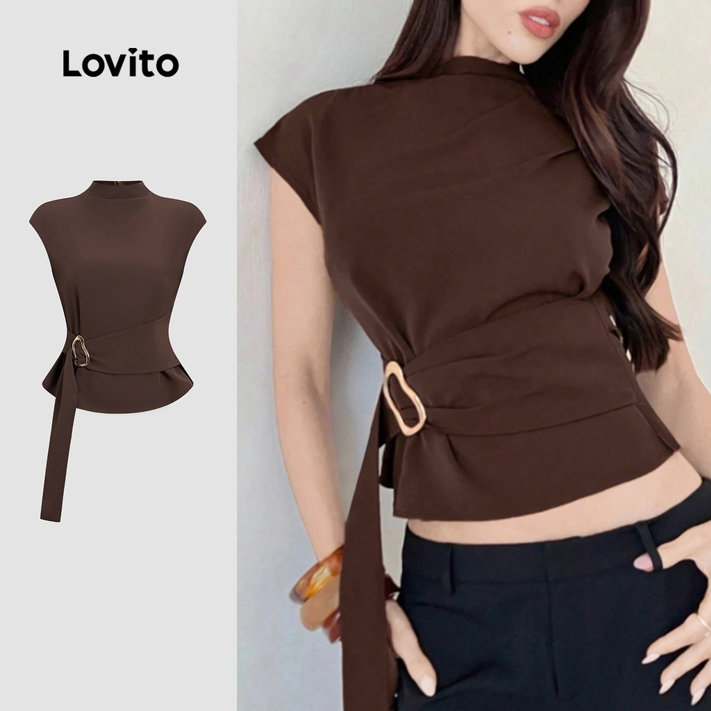 Lovito Elegante Nacional Blusa Regata Feminina Marrom Assimétrica Com Fivela De 