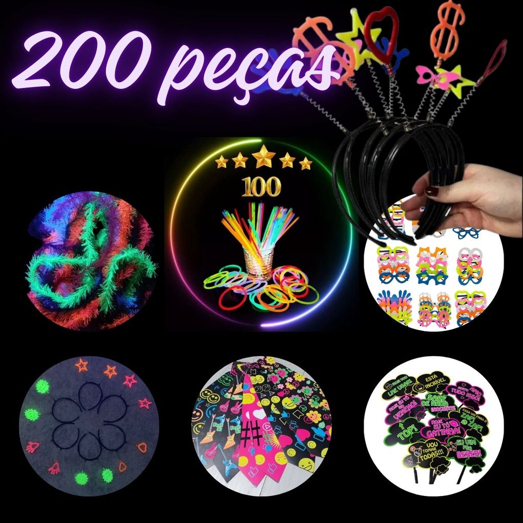 kit balada festa 200 pçs óculos, tiara pulseira neon Acessórios Coloridos Formaturas Presentes Aniversários Resenha