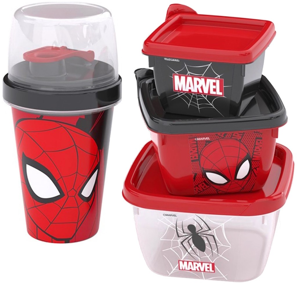 Homem Aranha Garrafa e Potes Micro-ondas Freezer Kit Lanche