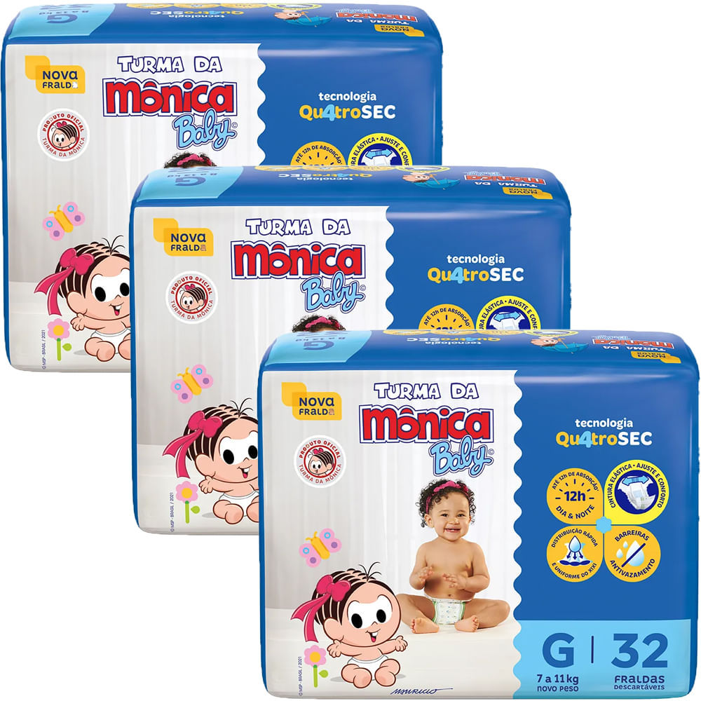 Kit 3 Fraldas Turma Da Mônica Mega G - 96 Tiras em Oferta na Shopee
