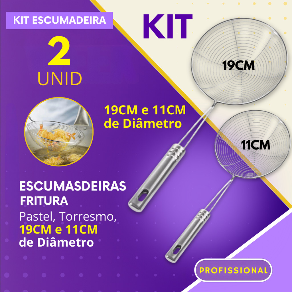 Jogo Escumadeiras Kit 1, 2 ou 4 Fritura 11 cm e 19 cm Inox para Bar Restaurante Pastel Torresmo Batata
