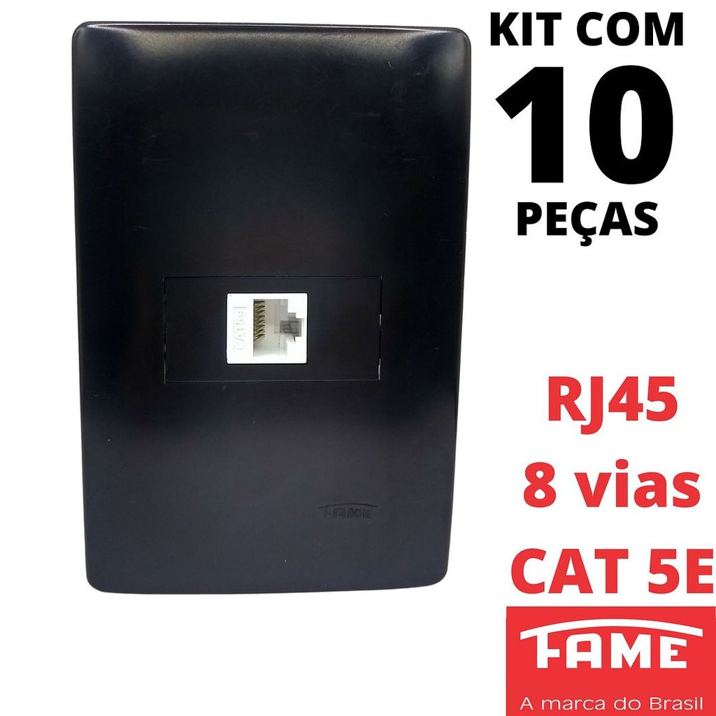 10un Tomada Rede de Informatica RJ45 CAT 5E 8 Vias Com Placa 4x2 Habitat Black Preto FAME