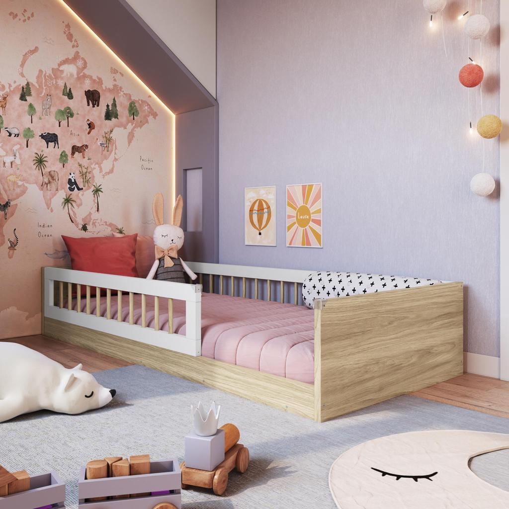 Cama Infantil de Chão Montessoriana Menino e Menina Solteiro 194cm com Grade Proteção