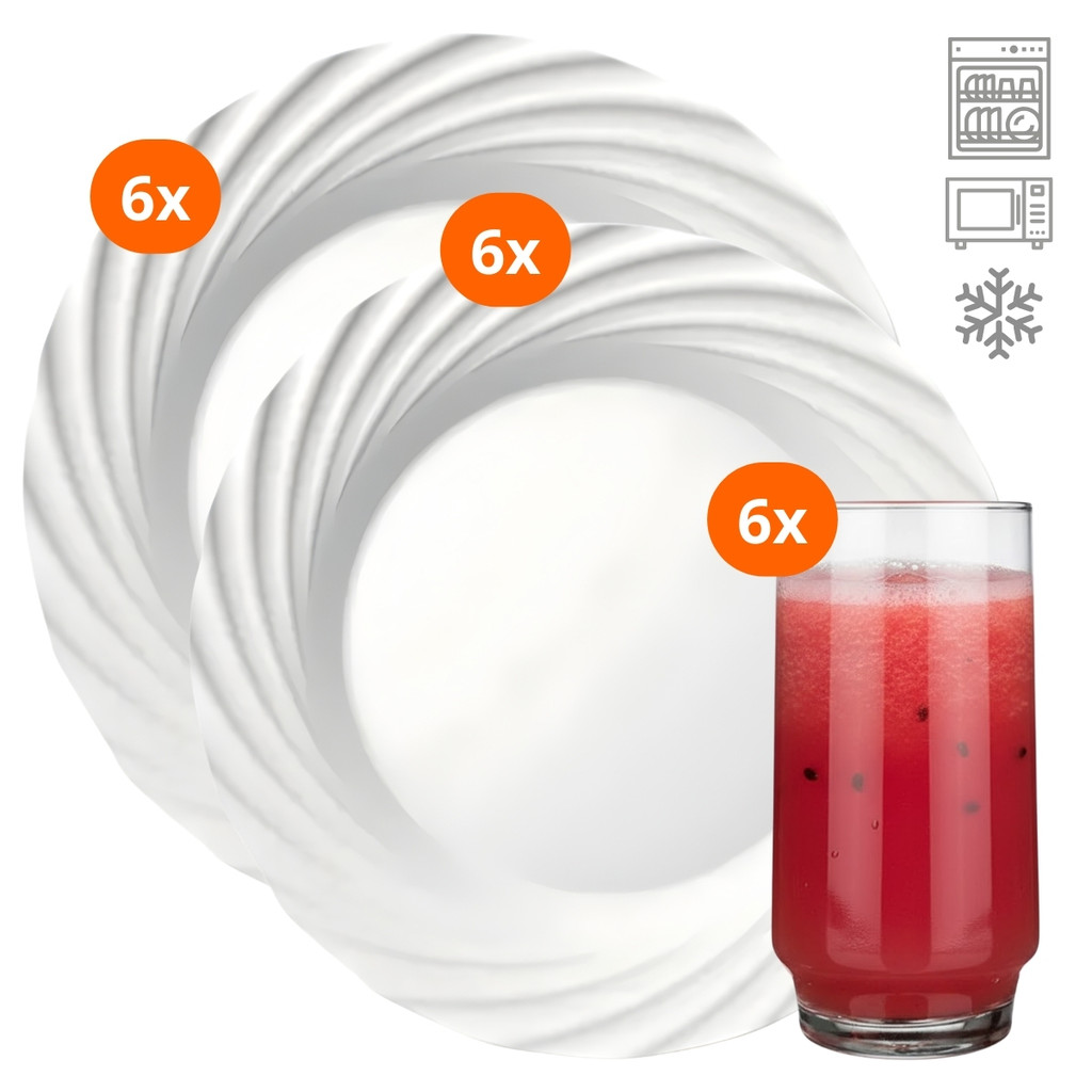 Aparelho Jantar 18 Peças Vidro Opaline Branco Pratos Fundo Raso E Copos Para Mesa Posta Jasmim Lights Luxo