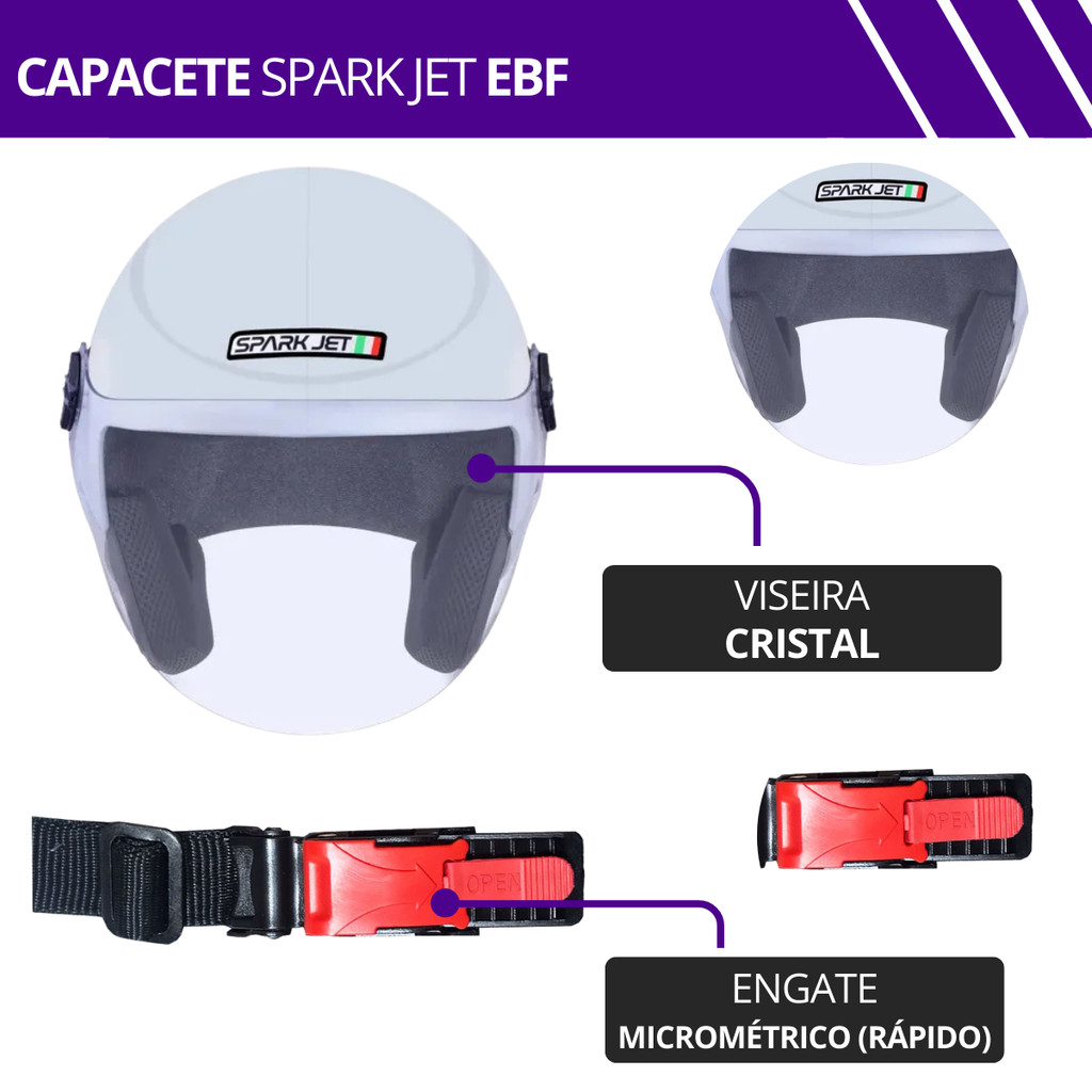 Capacete Aberto Moto Ebf Spark Jet Solid Preto 60 58 56 — imagem 2 de 2