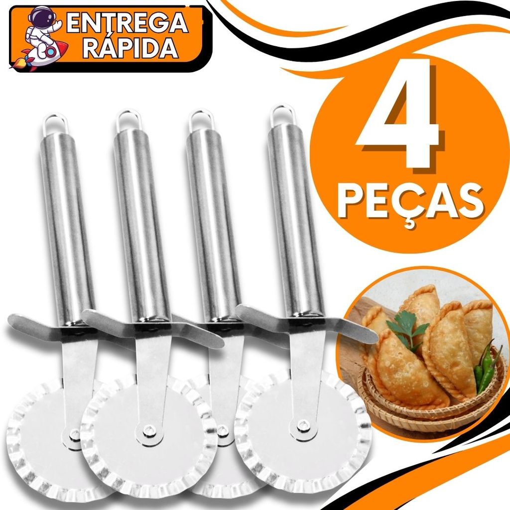 JOGO 4 Cortador Fechador Pastel Massa Rolo Aço Inox Premium Corta e Fecha Massa Uso Domestico Pizzaria Pastelaria