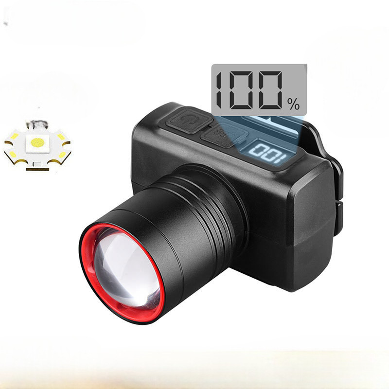 Lanterna De Cabeça Recarregável Led Com Zoom USB-C Luz Forte Formato De Câmera