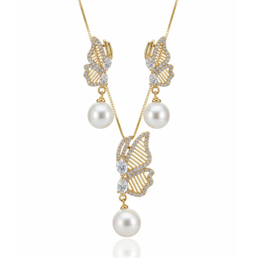 Conjunto Borboleta com Pérola Sintética e Cristais Banhado | Feminino | Banhado Ouro 18K | Antialérgico | Semijoia