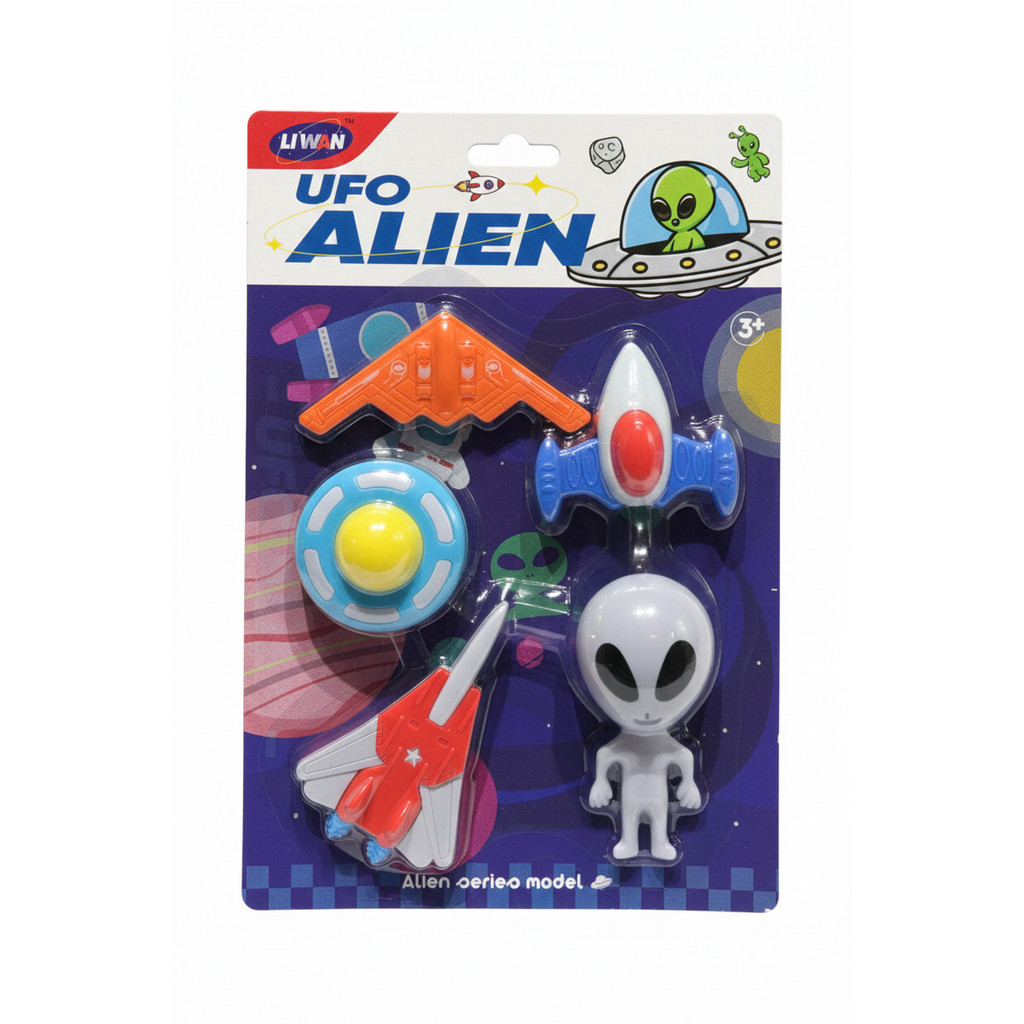 Kit Galáxia Espacial Brinquedo UFO com 4 Peças Naves e Boneco Alien ET - 6 peças