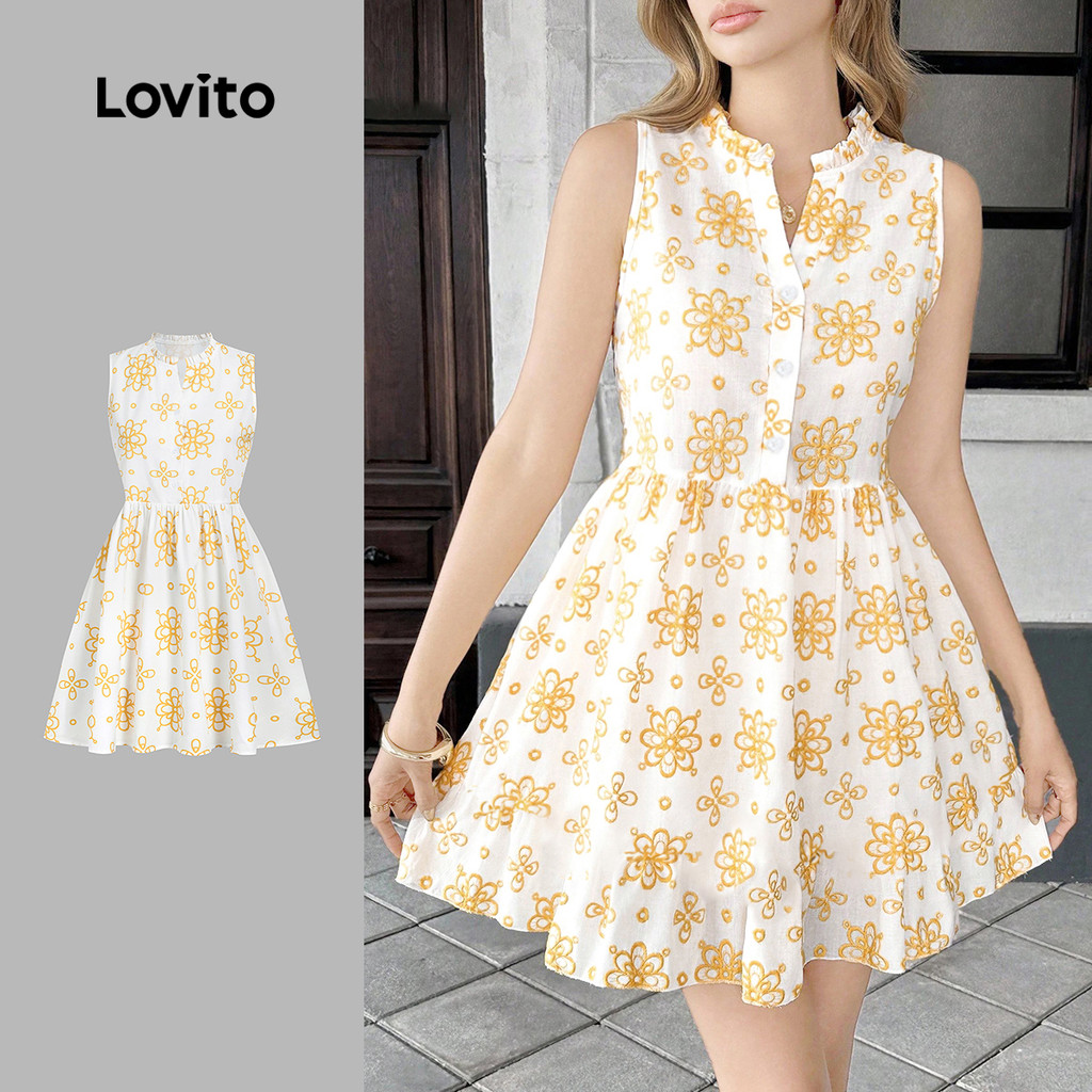 Lovito Vestido Casual de Botão com Babado Na Bainha para Primavera/verão para mulheres L155ED883 em Oferta na Shopee