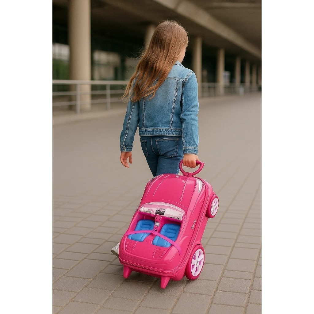 Mochila Mala Infantil Barbie Carrinho 3D Rodinhas Rosa Mochila Viagem Menina Personagem Estudar