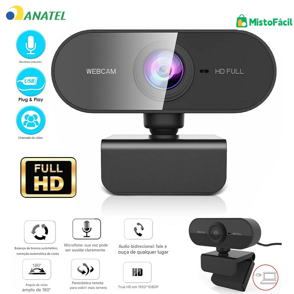 Câmera para Home Office Full HD 1080p com Microfone Rotação 360° Ajuste Livre Compatível com PC e Notebook
