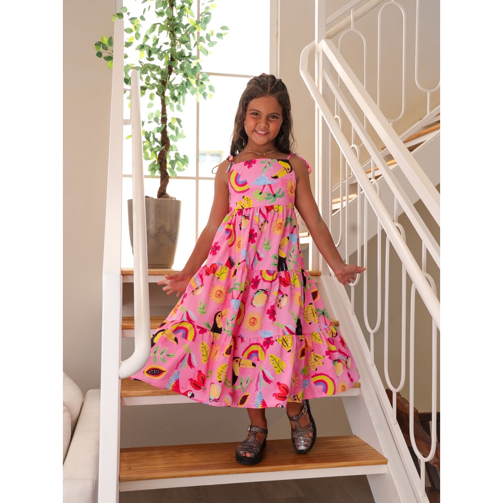 Vestido Midi Rosa Tucano infantil menina roupa criança
