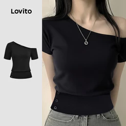 Lovito Manga Curta Casual Camiseta Assimétrica Preta para Mulheres Primavera/Verão LK2ED060