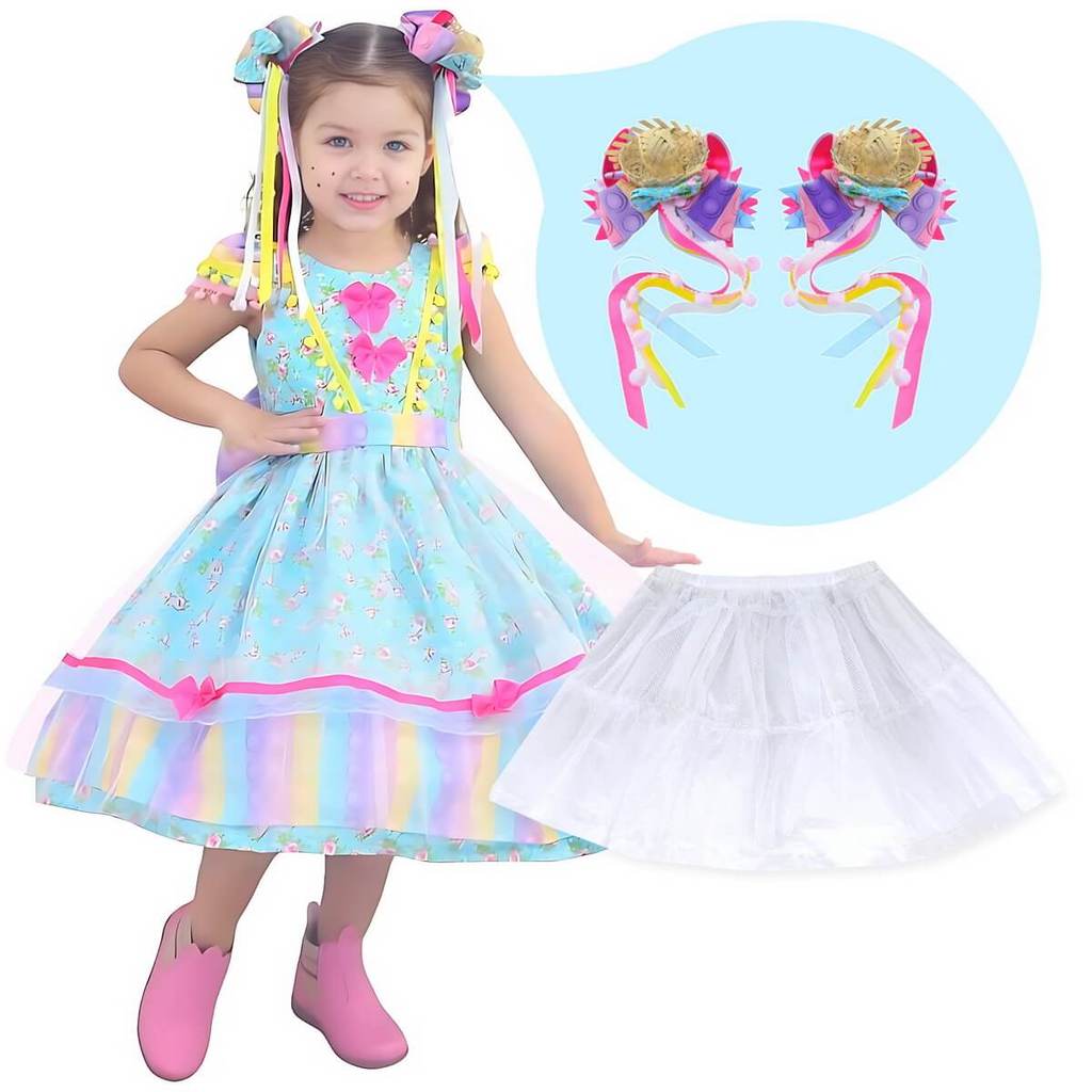 Vestido infantil Festa Junina Pop IT + 2 Laços + Saia de Filó