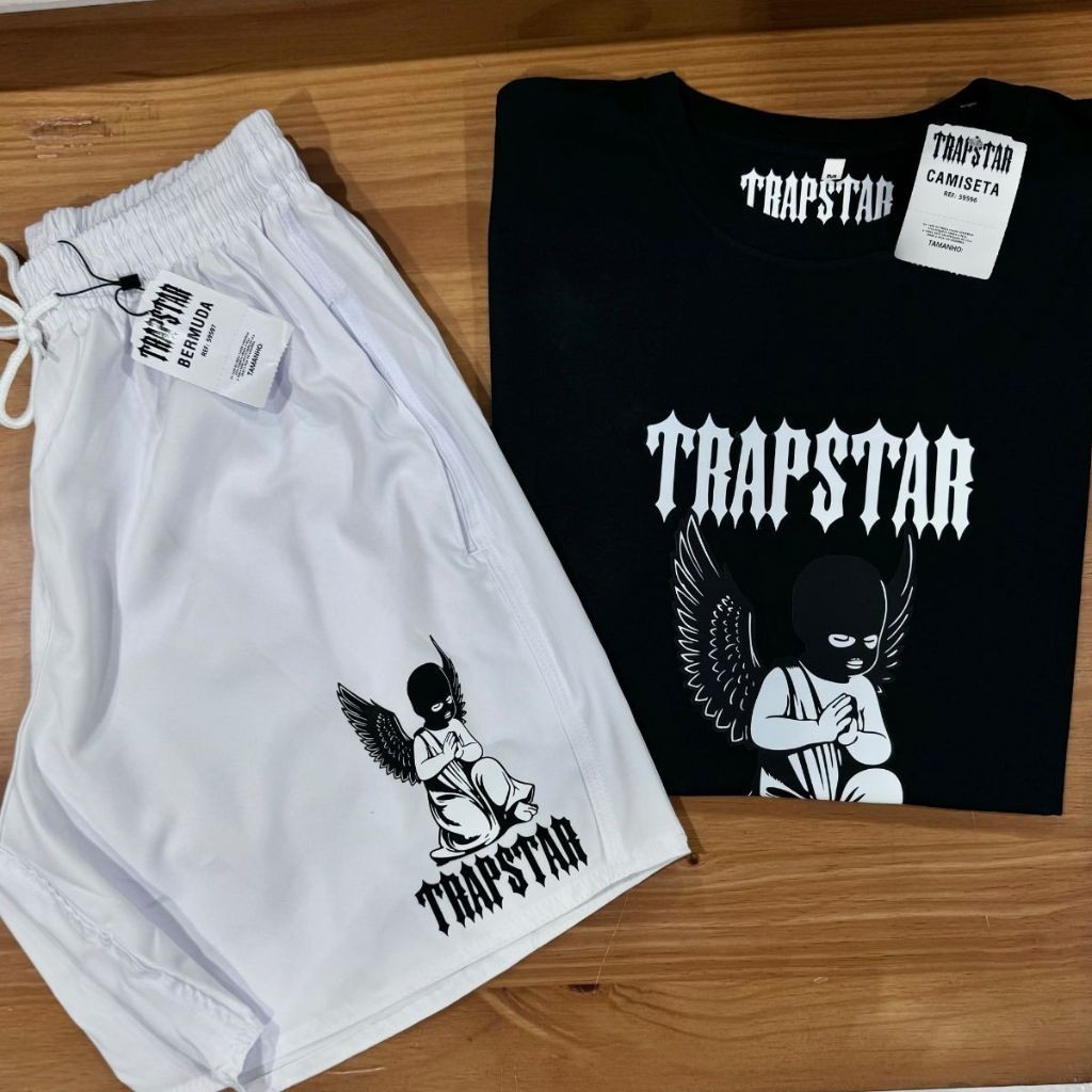 Conjunto Trapstar Bermuda e Camiseta Algodão Angel Streetwear Tactel Elastano lançamento real gangster