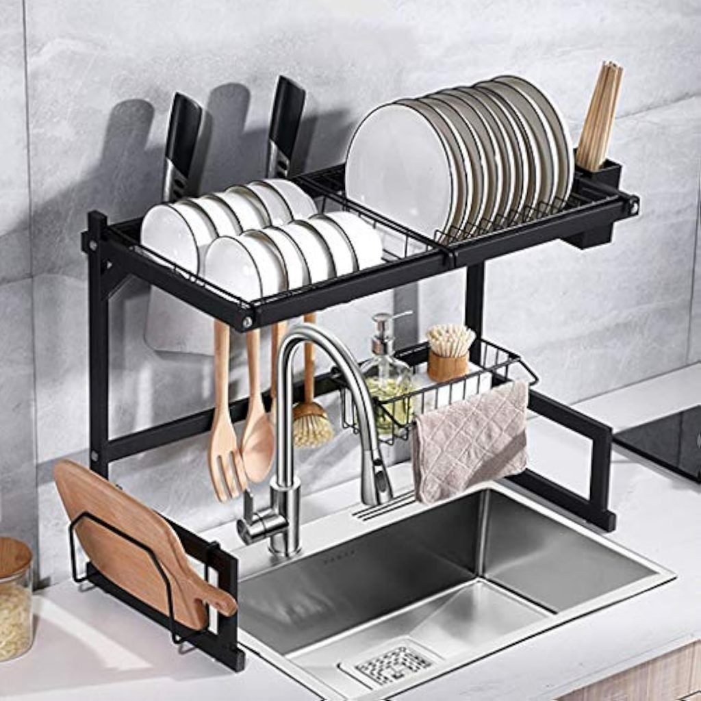 Escorredor De Louça Suspenso Rack 65cm Aço Inox Organizador Louça Preto Para Cozinha Pratos Talheres