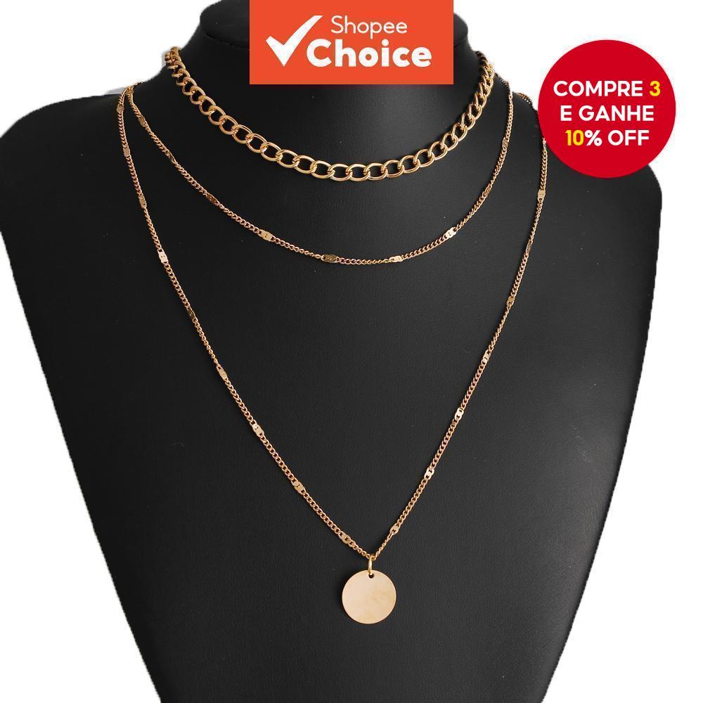 Colar de Corrente Dourada Disco Multi-Layer Pingente Colar Feminino Sexy Simples Cubano Cadeia de Clavícula em Oferta na Shopee