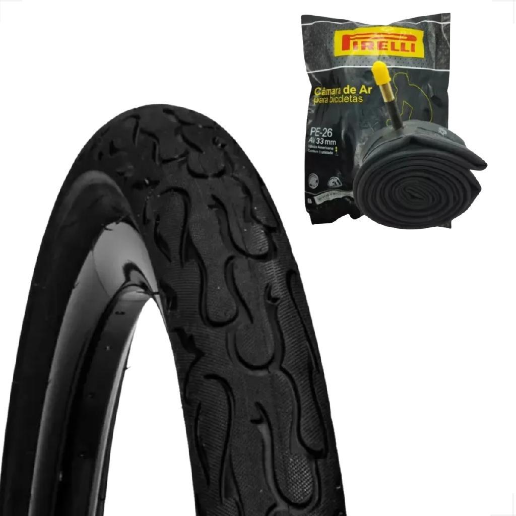 Pneu Flame Aro 26 2.125 Bike DSI TIPO kenda Slick Fogo Balão Montadinha + Camara Pirelli bico grosso