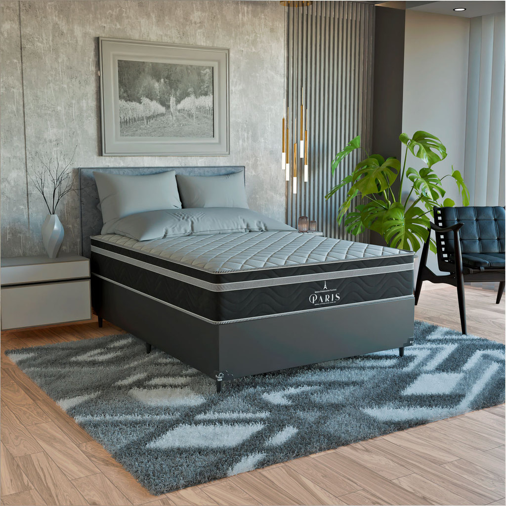 Cama Box Viúva Couro Preto + Colchão Paris Molas Cores