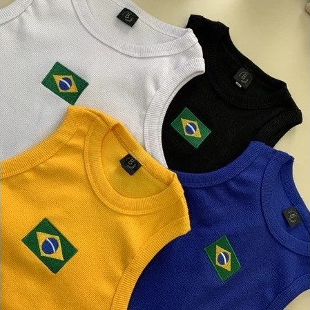 KIT 3 Regatas Cropped do Brasil Feminina Ribana Copa Bandeira BORDADA