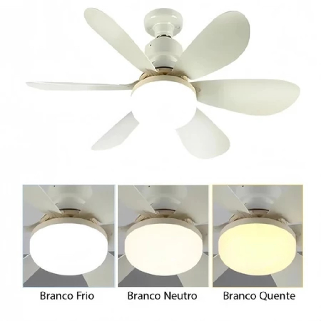 Ventilador de Teto com Lampada LED Integrada Bocal E27 6 Pétalas 60w 3 Velocidades C Controle Remoto