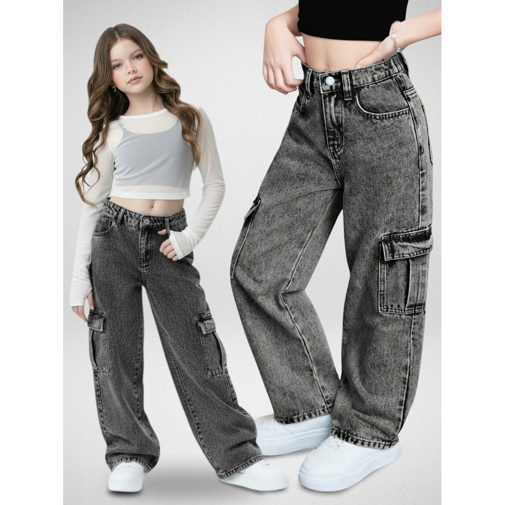 Calça Wide Leg Cargo Marmorizada Black com Bolso Meninas Pantalona Preta Grafite 4-16 Moda Regulagem
