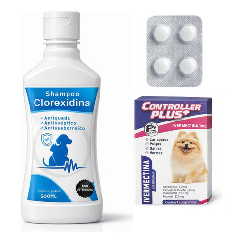 Tratamento de Sarna para Cães e Gatos até 5kg - Ivermectina 1mg + Shampoo Clorexidina Vermífugo