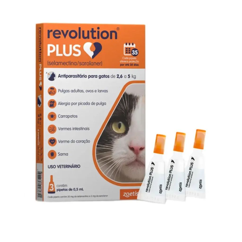Antipulgas Revolution Plus Gatos de 2,6kg a 5kg C/ 3 Pipetas em Oferta na Shopee