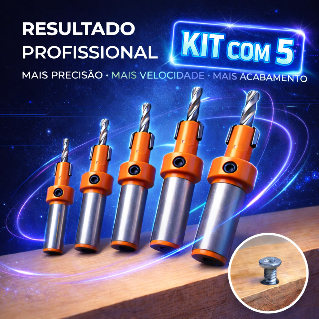 Conjunto 5 Brocas Escareadoras 8mm HSS com Guia de Profundidade Profissional em Oferta na Shopee