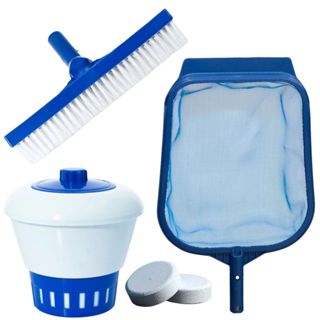 Kit Limpeza Piscina Clorador + Peneira + Escova + 1 pastilha de cloro 200g Piscinas Fibra Alvenaria em Oferta na Shopee