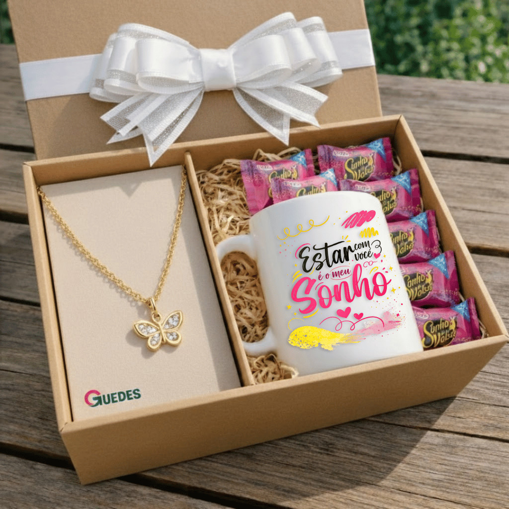 Kit Caixa Presente Caneca + Colar Semijoia + Chocolate Sonho de Valsa - Personalizado