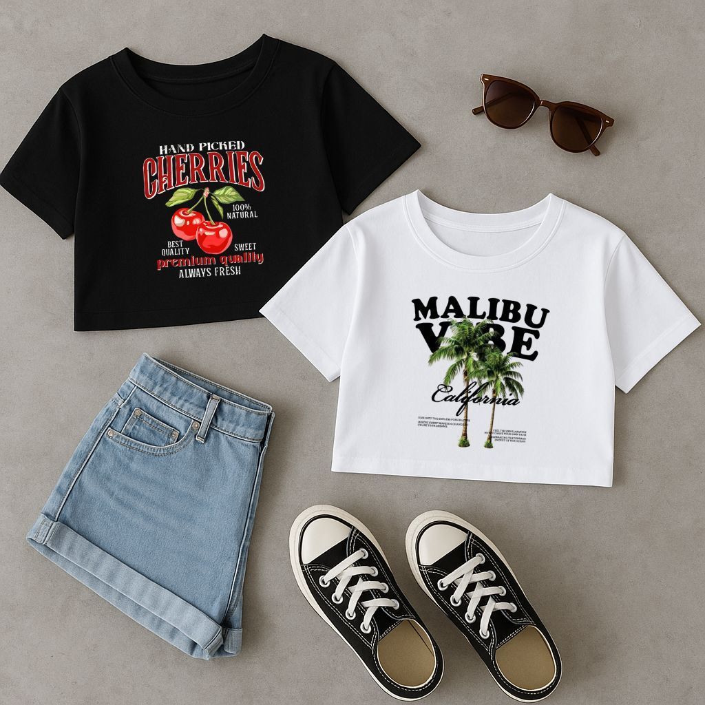 Cropped Feminina Algodão Kit 2 Oversized Malha Básica Premium Moda Casual Estampado