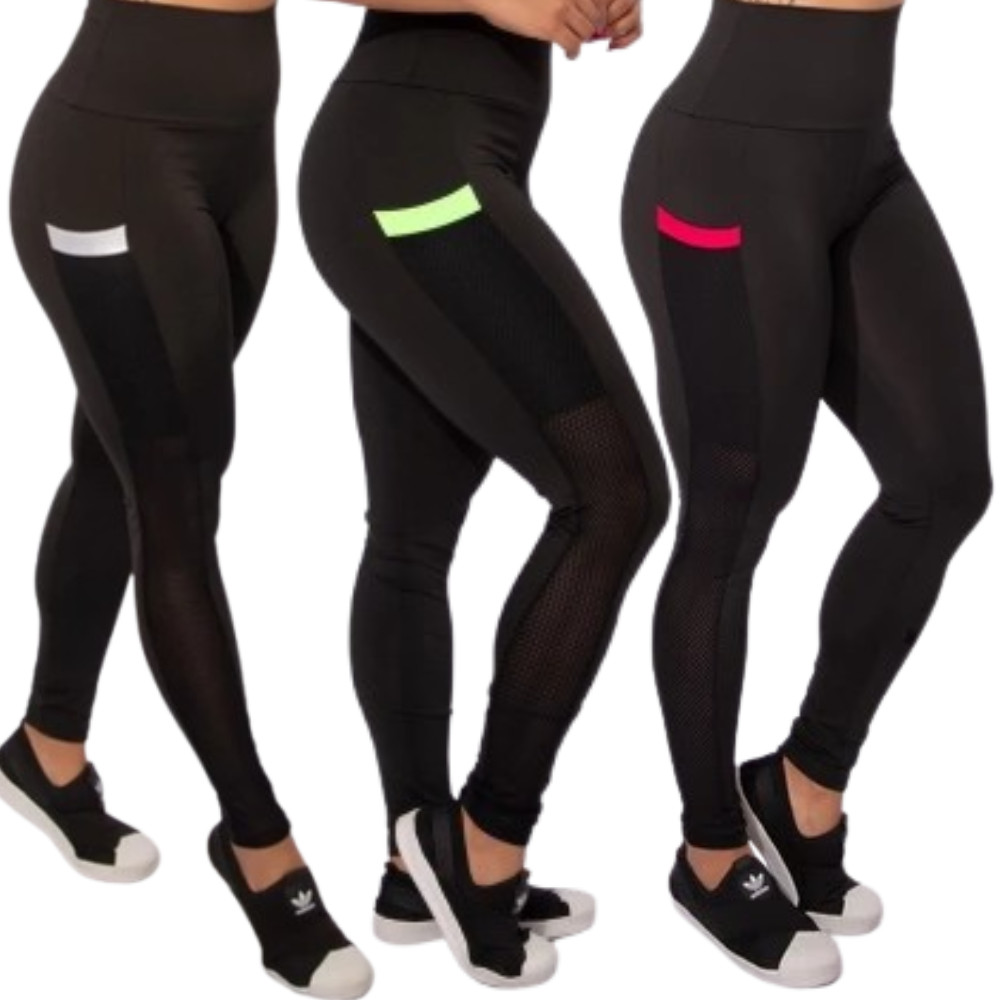 Kit 3 Calça Legging Feminina De Academia Com Bolso Lateral Cintura Alta Fitness Zero Transparência