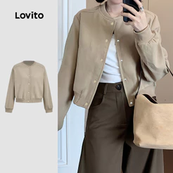 Lovito Cropped Casual Jaqueta Lazer Simples para Outono/inverno Feminina Khaki L173AD077