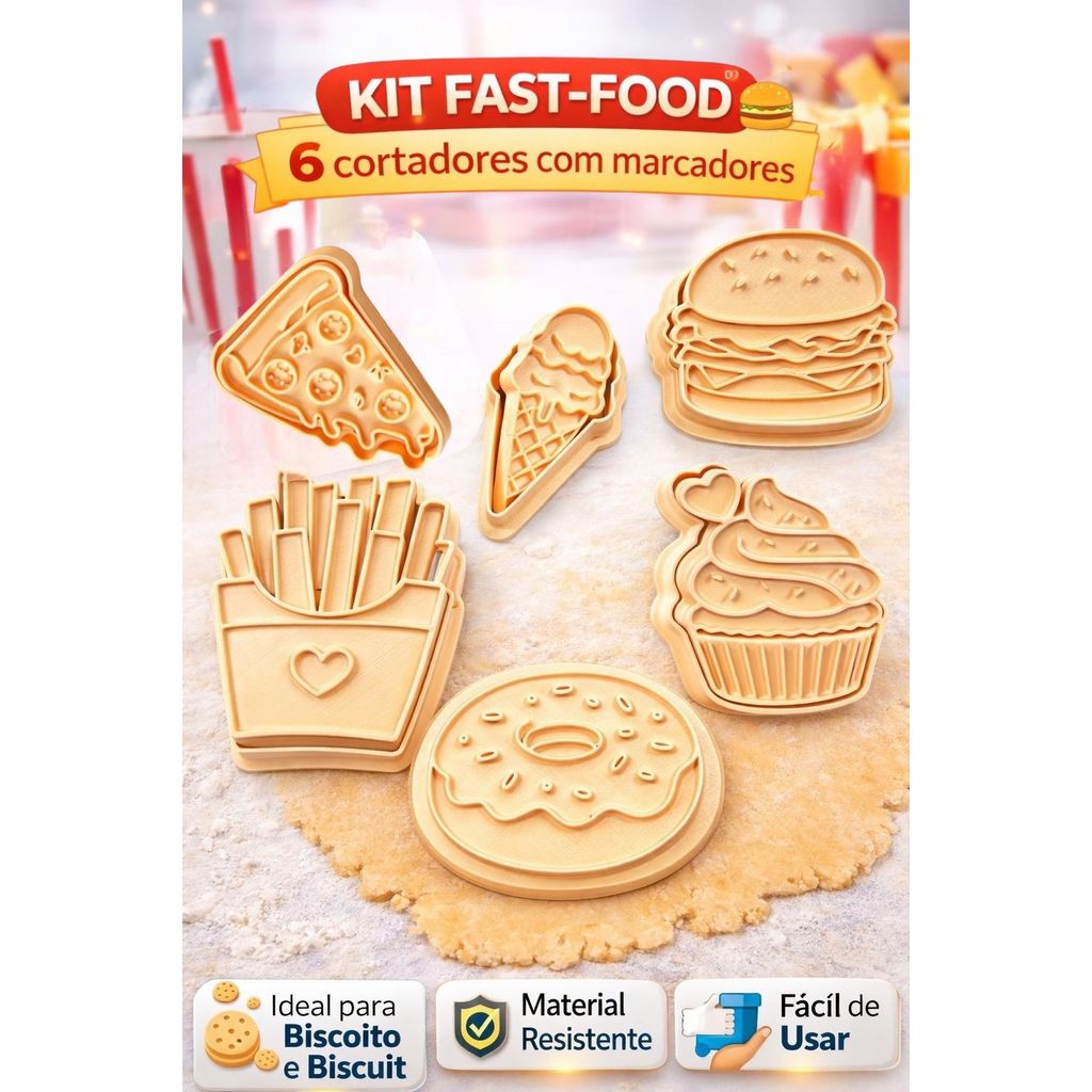 Kit 6 Formas Corte Biscoito Tematico Fast Food Com Puxador molde cortador para biscoito utensílios para confeitaria