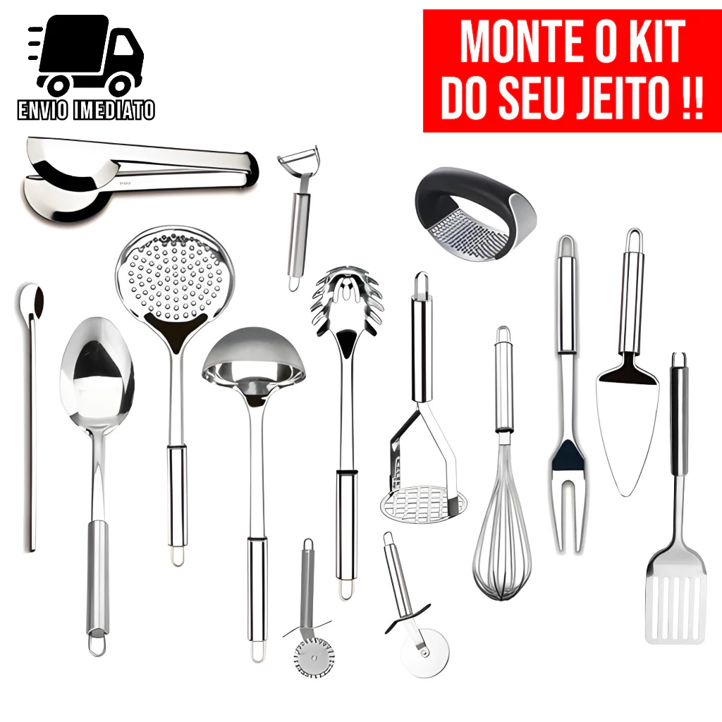 Utensílios de Cozinha Aço Inox Completo Concha Espátula Escumadeira Colher Personalizável — imagem 1