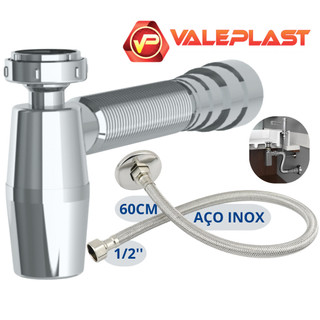 Sifão Copo Sanfonado Cromado Universal+ Engate de Aço Inox 60cm Engate de Malha para Torneira Lavabo