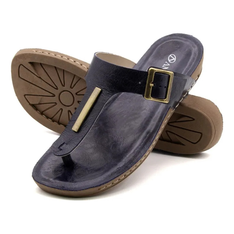 Sandália Feminina Goa Flatform Couro Dark Blue Confortável Leve Casual Elegante Moda Feminina