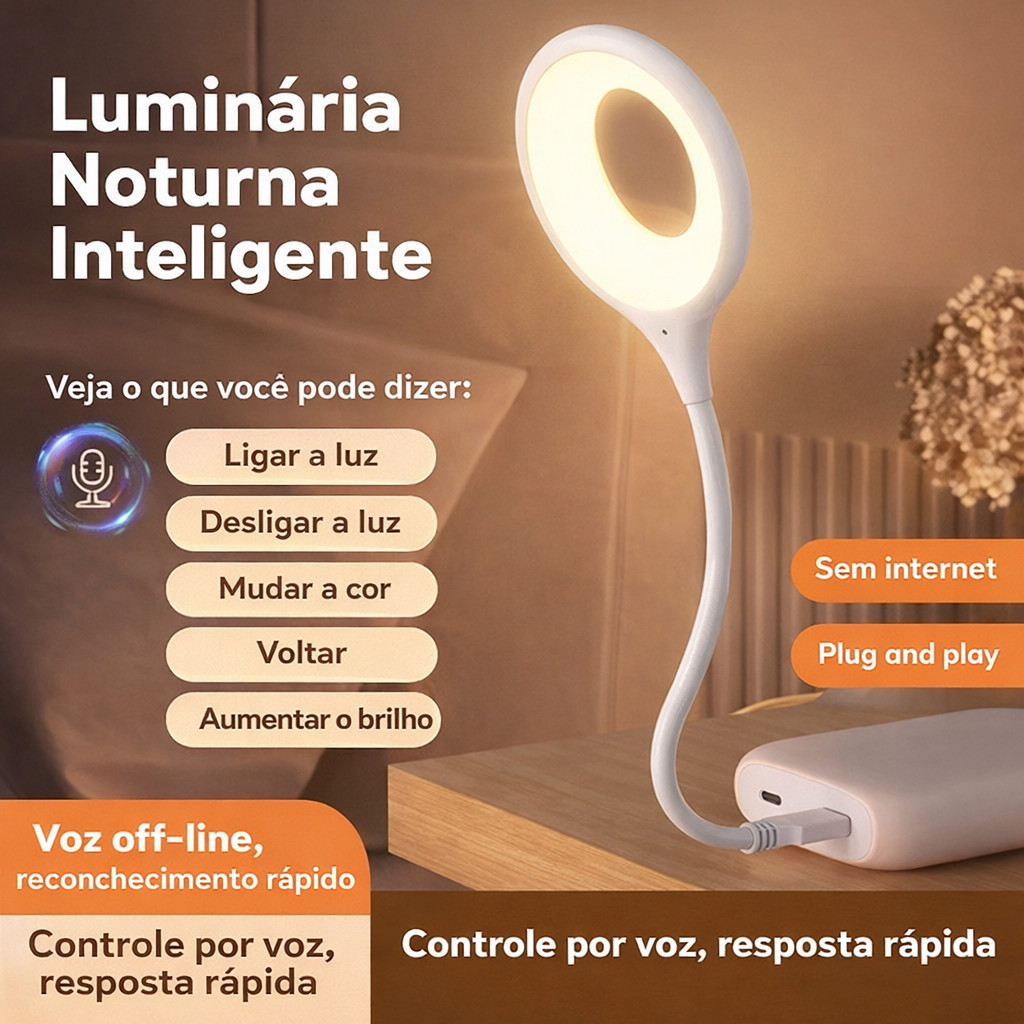 Luminária LED Luz Noturna Controle de Voz Recarregável USB | Sensor Som