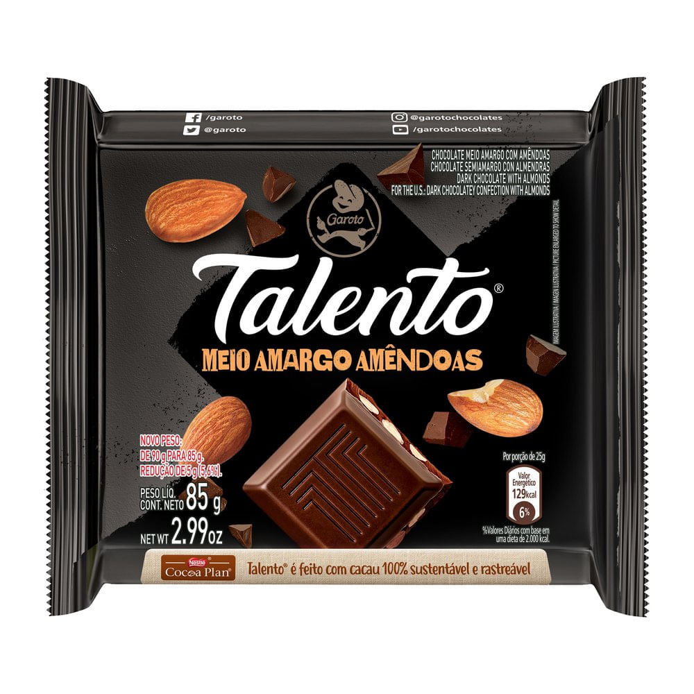 Chocolate Garoto Talento Meio Amargo com Amêndoas 85g em Oferta na Shopee