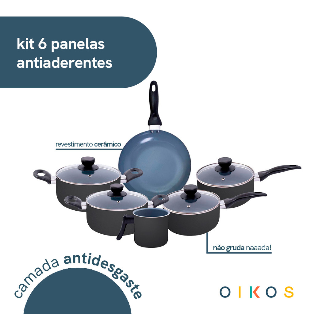 jogo de panelas 6 pçs antiaderentes de cerâmica e alumínio - oikos — imagem 2 de 2